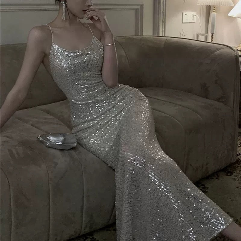 Sexy Mermaid Spaghetti Straps Sequin Floor Length Evening Dress Prom Dresses SD1650