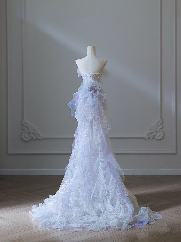 Modest Mermaid Strapless Tulle Flowers Evening Dress Long Prom Dresses SD1652