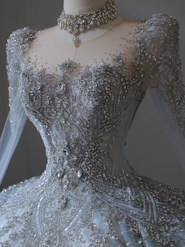 Princess Ball Gown Scoop Neckline Long Sleeves Sequin Light Sky Blue Long Wedding Dresses Brides Dress SD1657