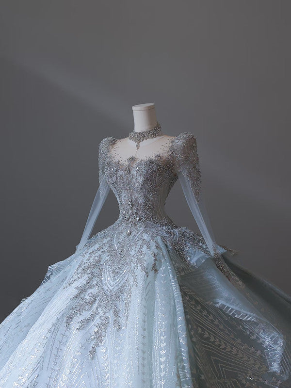 Princess Ball Gown Scoop Neckline Long Sleeves Sequin Light Sky Blue Long Wedding Dresses Brides Dress SD1657