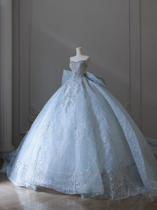Princess Ball Gown Strapless Neckline Long Sequin Light Sky Blue Long Wedding Dresses Brides Dress SD1658
