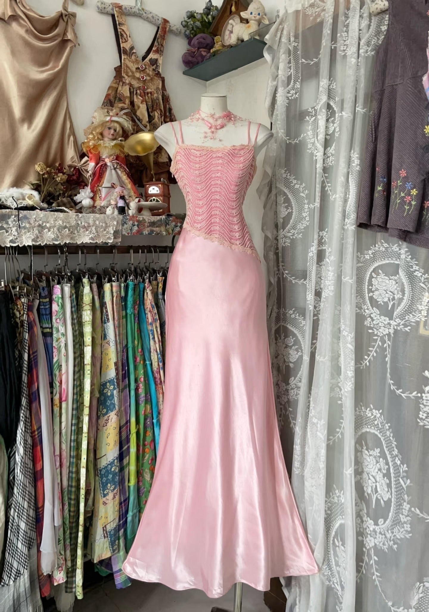 Vintage Fashion Mermaid Straps Floor Length Pink Lace Evening Dress Prom Dresses SD1876