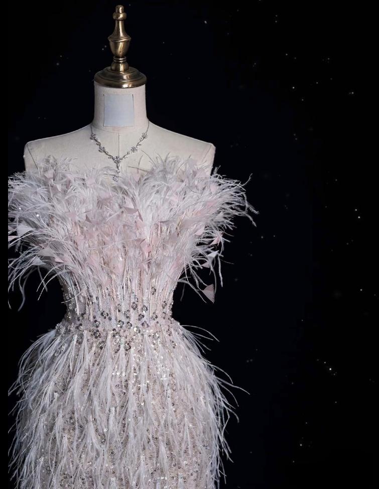 Classy Mermaid Strapless Feathers Floor Length Evening Dress Sequin Prom Dresses SD1937