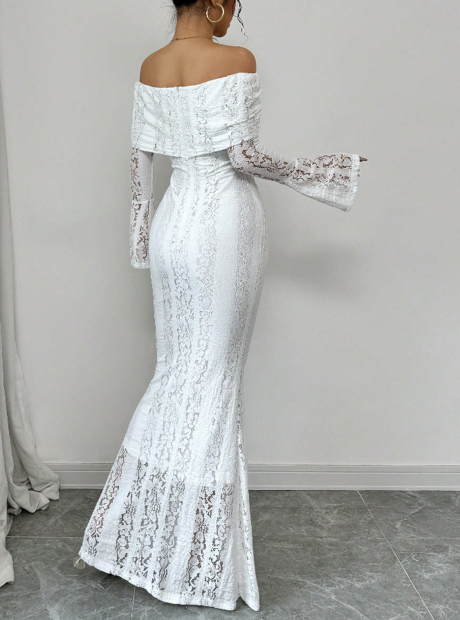 Mermaid Off The Shoulder Floor-length Lace Long Sleeves Evening Dress Prom Dresses SD2016