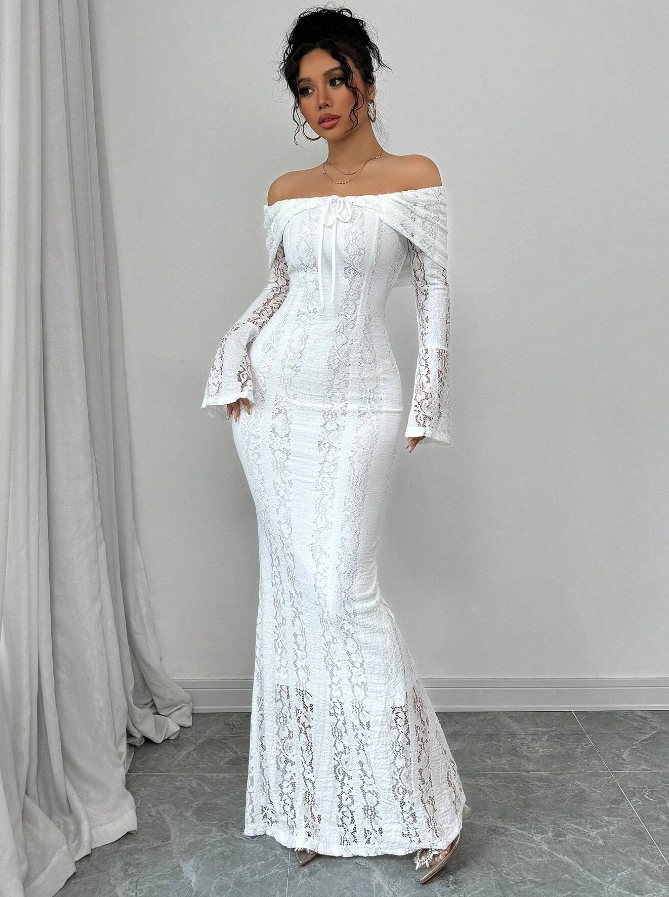 Mermaid Off The Shoulder Floor-length Lace Long Sleeves Evening Dress Prom Dresses SD2016