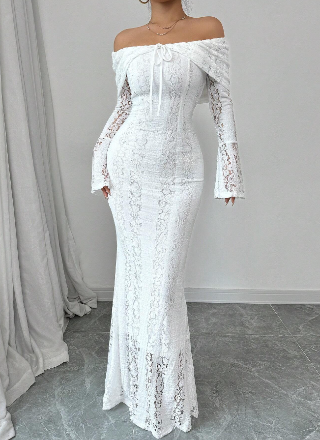 Mermaid Off The Shoulder Floor-length Lace Long Sleeves Evening Dress Prom Dresses SD2016