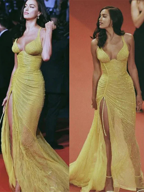 Gorgeous Mermaid Straps Floor-length Sequin Yellow Slit Evening Dress Prom Dresses SD2053