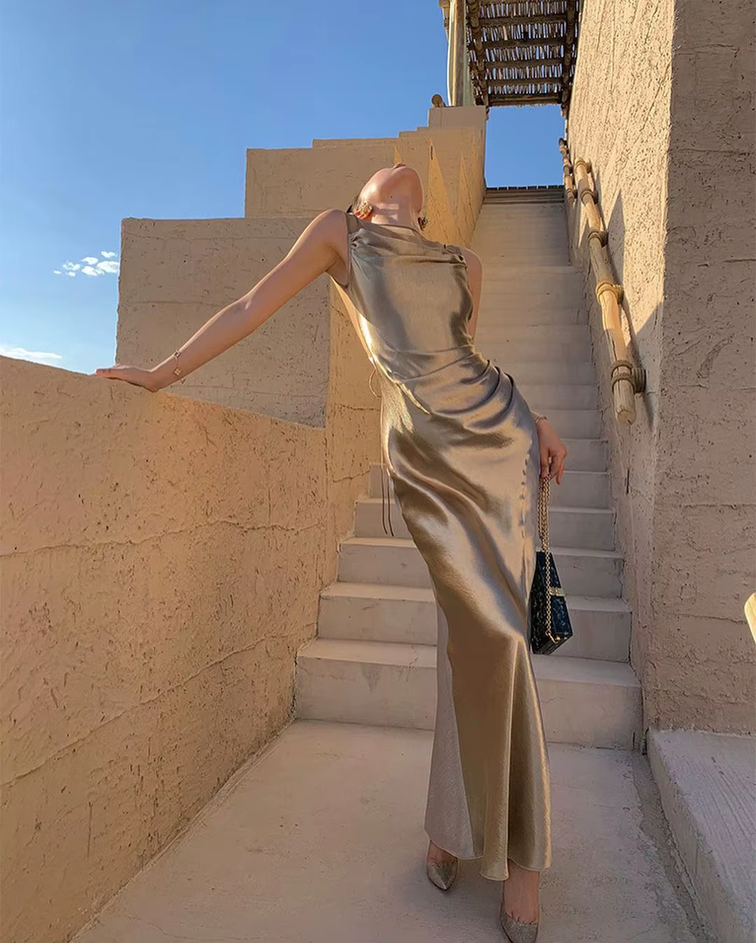 Fancy Mermaid Straps Neckline Champagne Satin Long Prom Dress Evening Dress Formal Dress SD2175