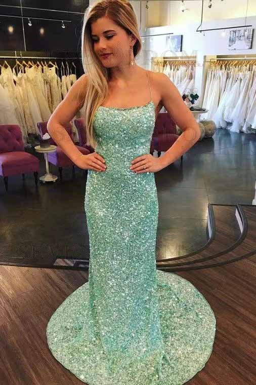 Sexy Mermaid Spaghetti Straps Maxi Long Party Blue Sequin Prom Dresses Evening Dress SD2378
