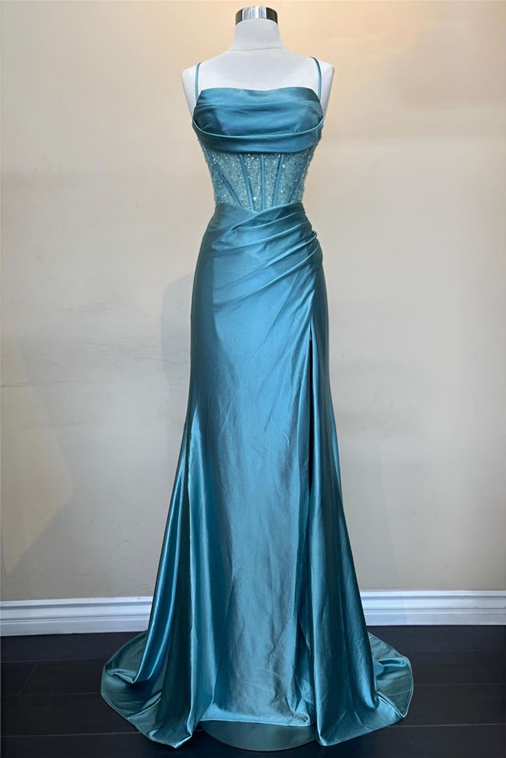 Pretty Sage Scoop Neck Satin Mermaid Long Prom Dress with Slit Formal Gown Evening Dress SD2419