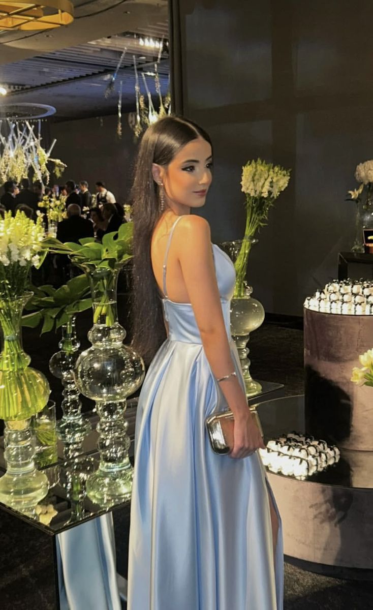 Simple A line Spaghetti Straps Light Blue Long Party Dress Prom Dresses SD2440