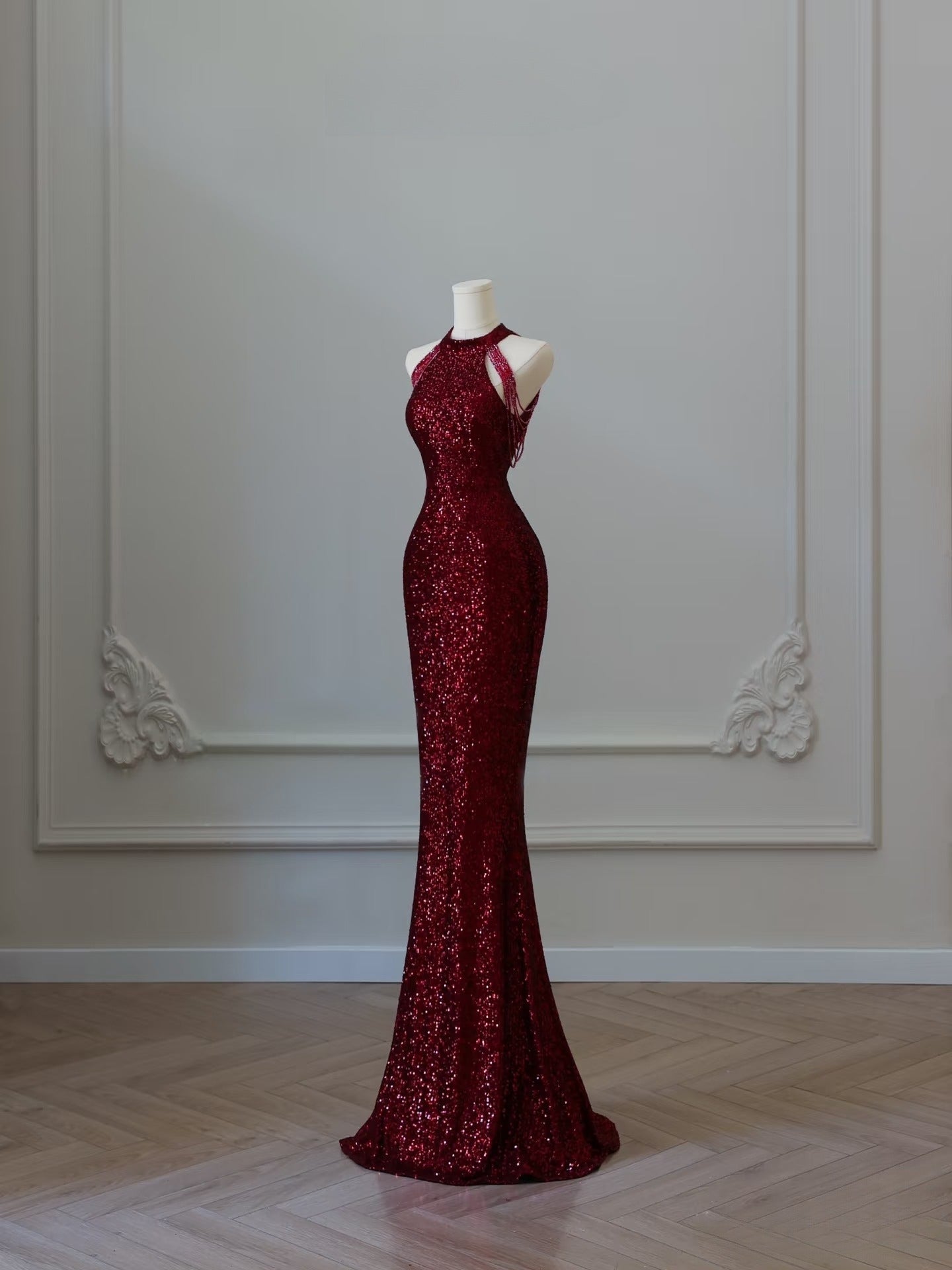 Simple Mermaid Scoop Neckline Burgundy Sequin Long Party Dress Prom Dresses SD2474