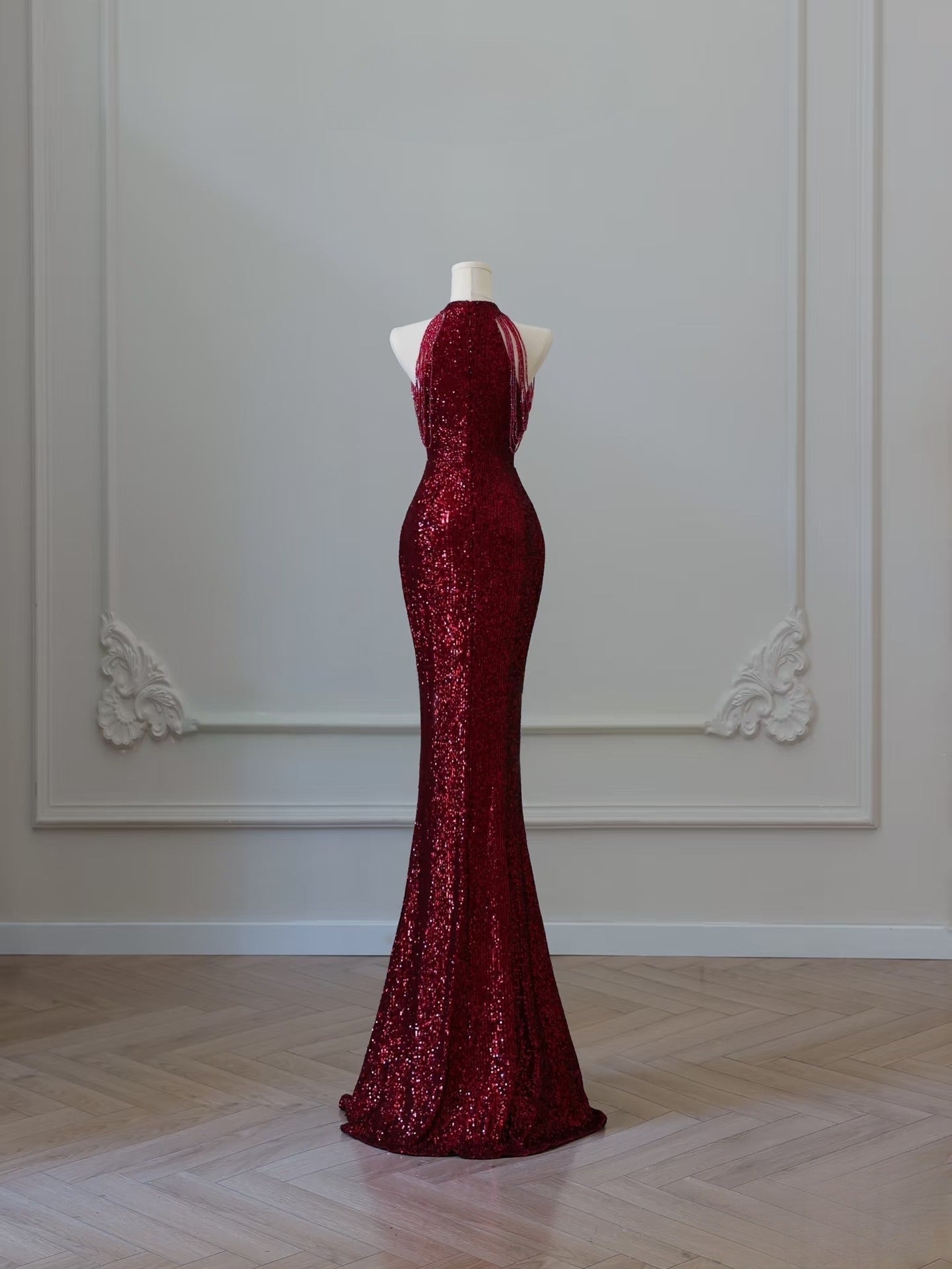 Simple Mermaid Scoop Neckline Burgundy Sequin Long Party Dress Prom Dresses SD2474