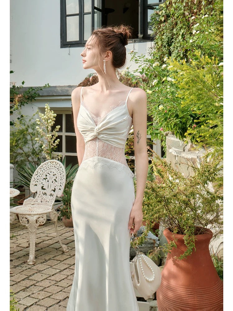 Retro Mermaid Spaghetti Straps White Long Length Evening Dress Prom Dresses SD2828
