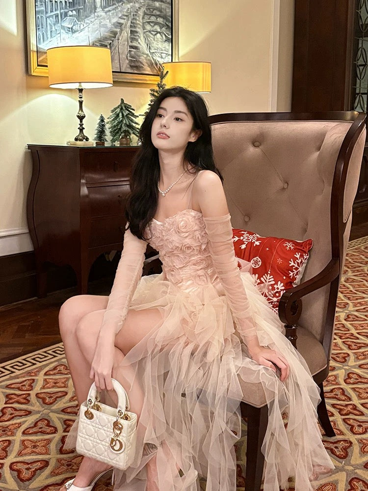 Pretty High Low Spaghetti Straps Tulle Pink Floral Ankle Length Evening Dress Prom Dresses SD2838