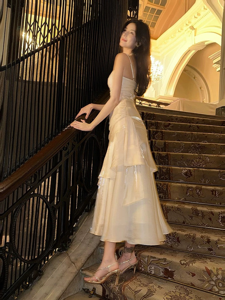 Retro Mermaid Spaghetti Straps Long Length White Evening Dress Prom Dresses SD2840