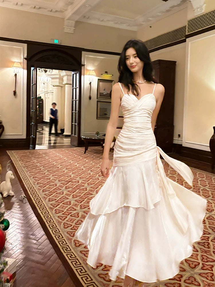 Retro Mermaid Spaghetti Straps Long Length White Evening Dress Prom Dresses SD2840