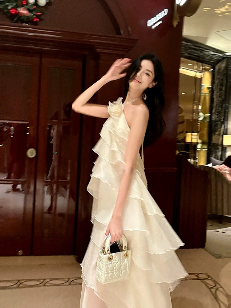 Sexy A Line Halter Neckline Chiffon Ruffles Evening Dress Prom Dresses SD2843