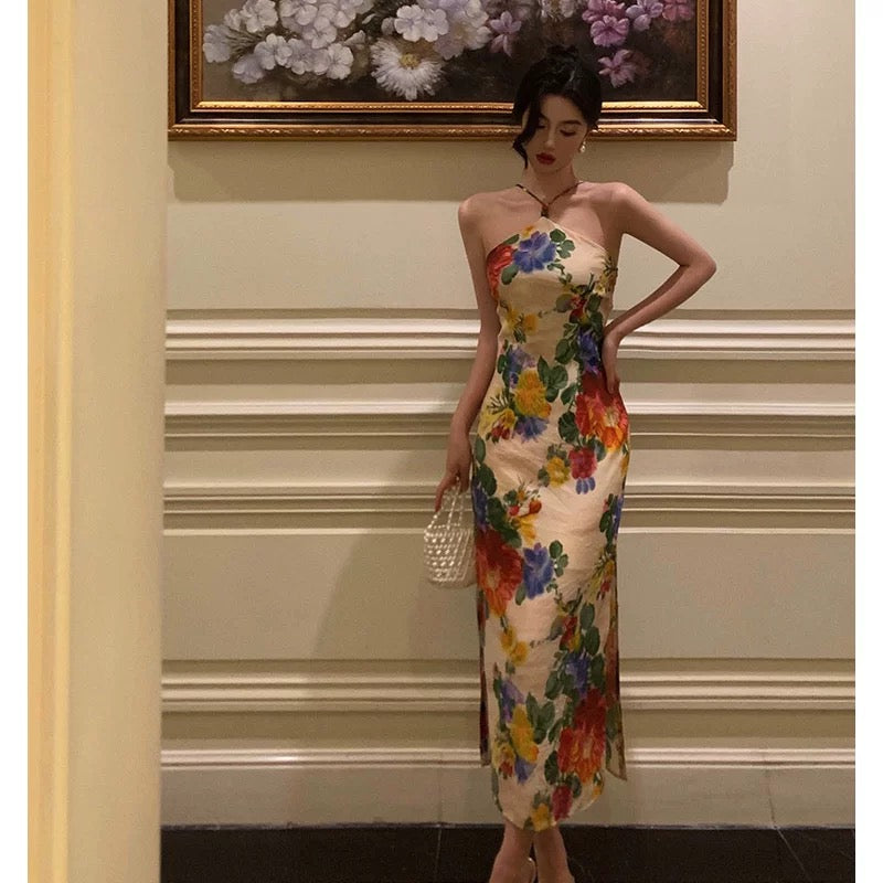 Stunning Sheath Halter Sleeveless Floral Date Night Dress Prom Dresses Birthday Outfit SD772