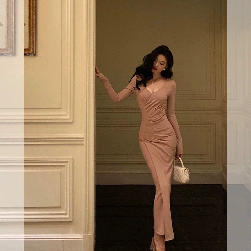 Pretty Sheath V Neckline Long Sleeves Pink Prom Dresses Birthday Outfits Evening Gown SD811