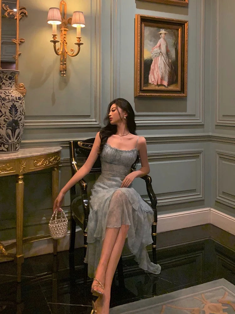 Stunning Sheath Spaghetti Straps Blue Chiffon Ruffles Date Night Dress Prom Dresses Birthday Outfit SD812