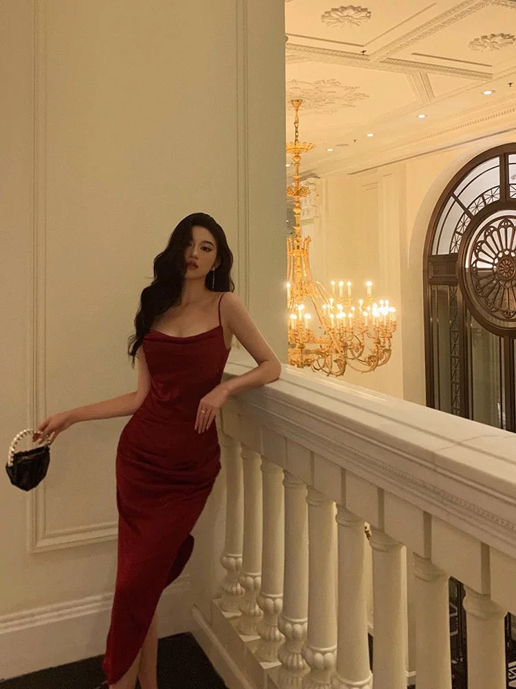 Classy Sheath Spaghetti Straps Red Slit Prom Dresses Birthday Outfits SD851