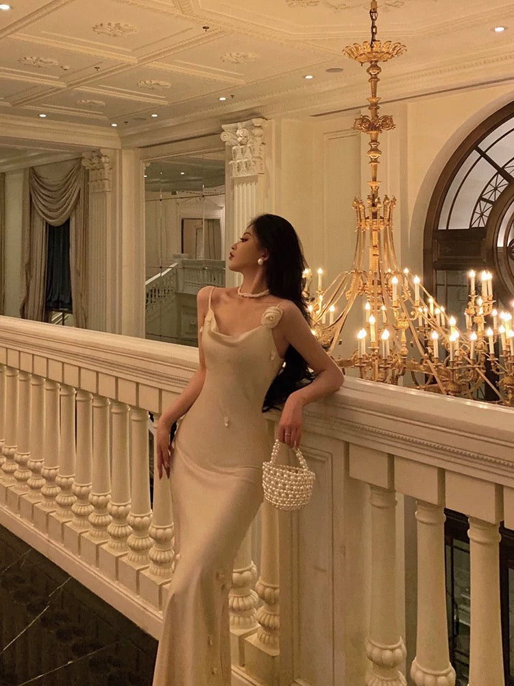 Classy Sheath Spaghetti Straps Satin Flowers Prom Dresses Birthday Outfits SD861