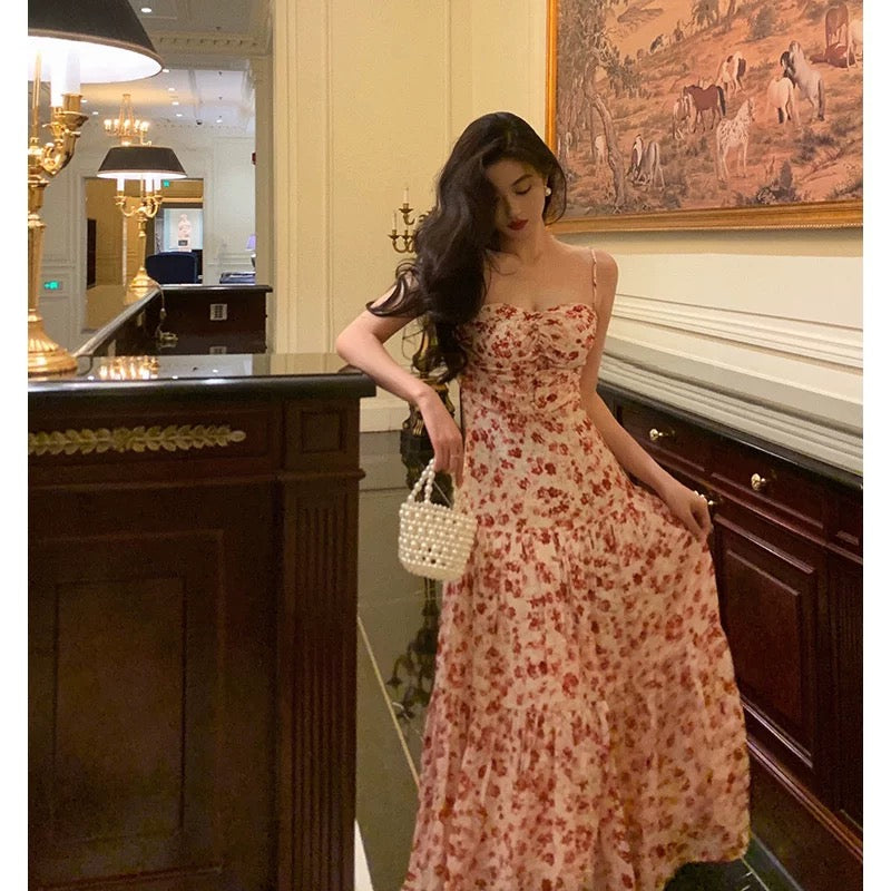 Pretty A Line Spaghetti Straps Chiffon Floral Sleeveless Date Night Dress Prom Dresses Birthday Party Outfit SD884