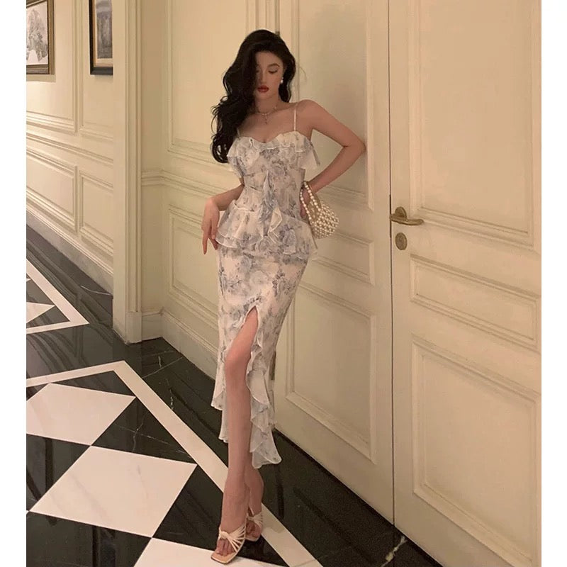 Classy Sheath Spaghetti Straps Chiffon Floral Prom Dresses Birthday Outfits Evening Gown SD912