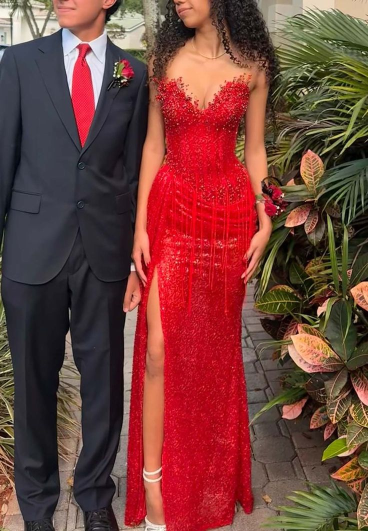Pretty Sweetheart Neck Red Sequin Beaded Tassel Mermaid Prom Dress Slit Long Party Dress D1256