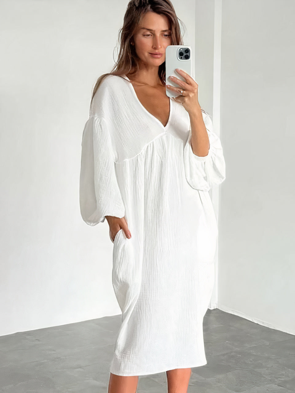 Crinkled Gauze Deep V-Neck Balloon Sleeve Empire Waist Midi Dress - View 7