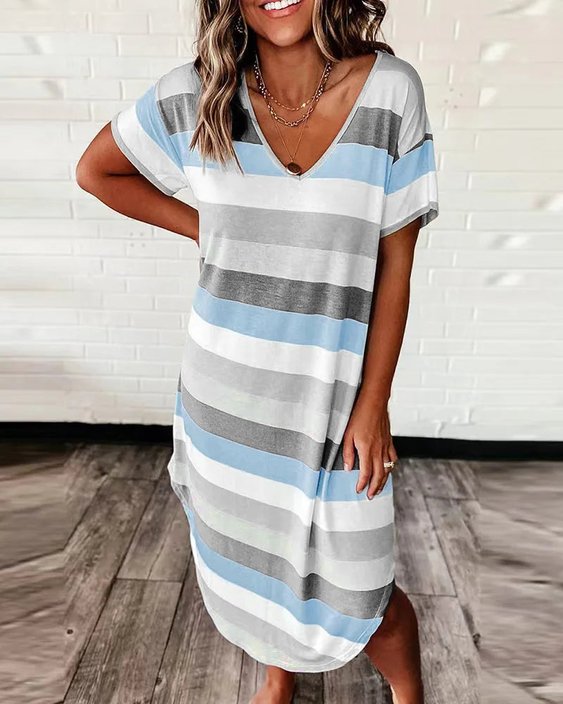 Striped V-Neck Short Sleeve Relaxed Shift Midi Dress - View 5