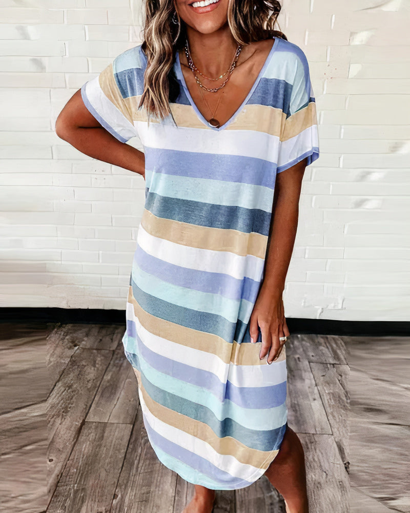 Striped V-Neck Short Sleeve Relaxed Shift Midi Dress