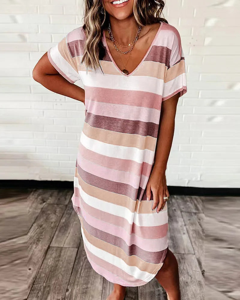 Striped V-Neck Short Sleeve Relaxed Shift Midi Dress - View 2