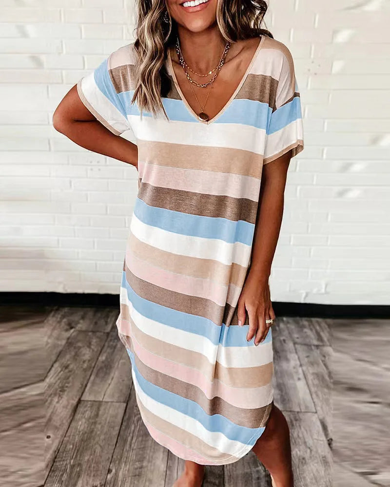 Striped V-Neck Short Sleeve Relaxed Shift Midi Dress - View 3