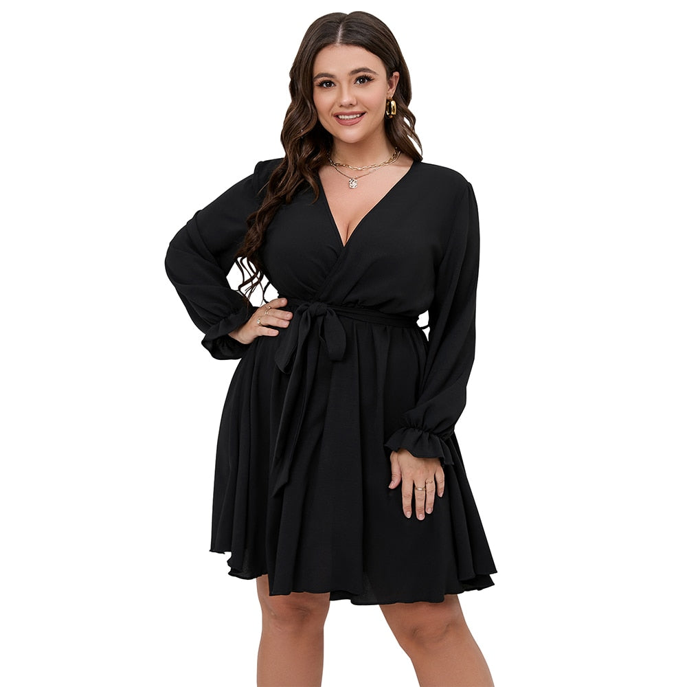 Chiffon Surplice Long-Sleeve Tie-Waist Flared Mini Dress 6