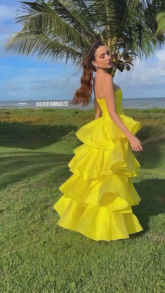 Fashion Yellow Strapless Satin Layered A Line Long Wedding Guest Dress Formal Evening Gown D1541