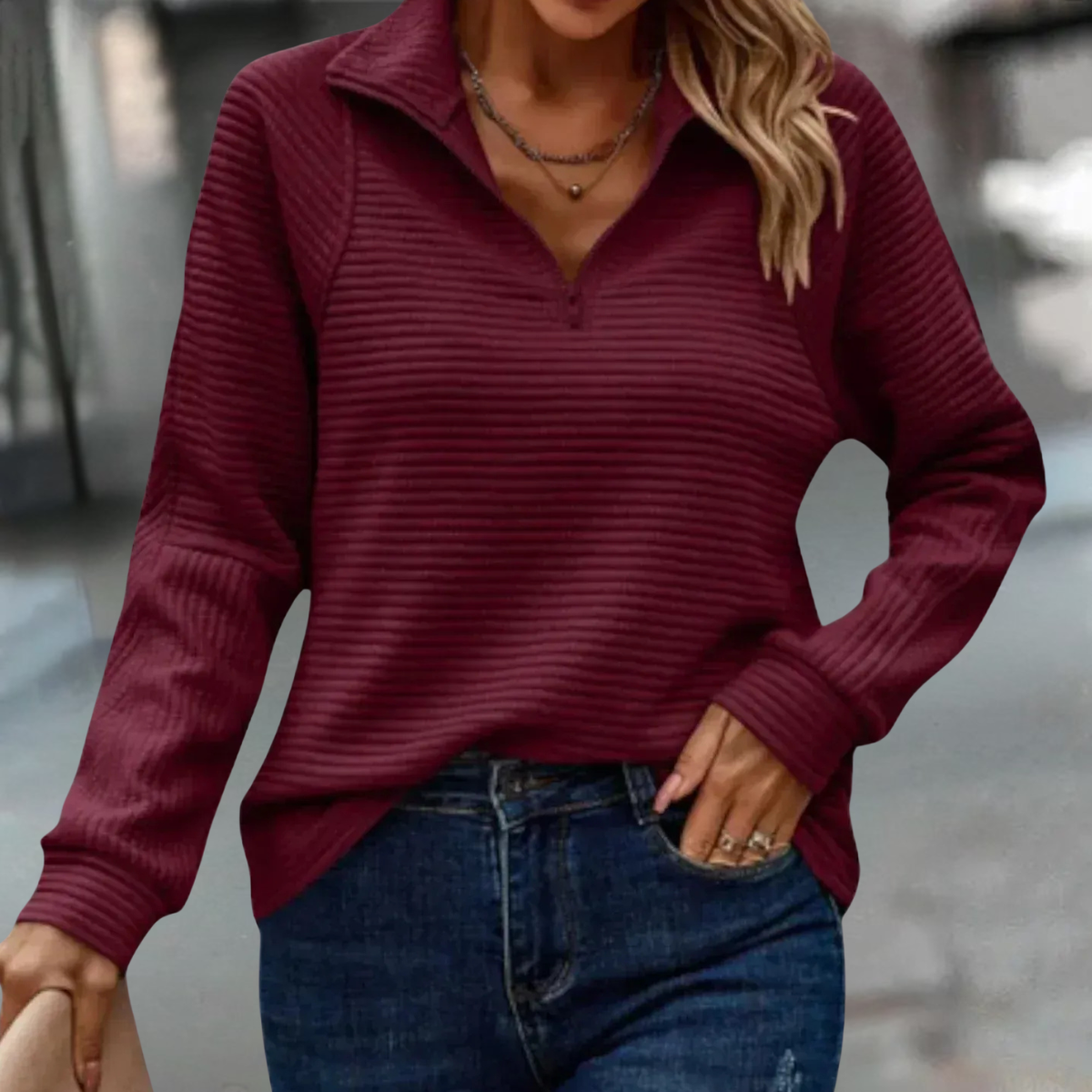 Quarter Zip Stand Collar Ribbed Pullover Sweatshirt 5