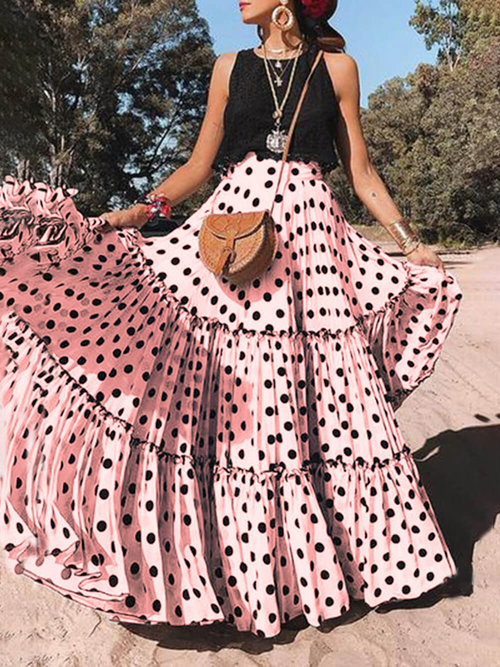 Casual Long Polka Dot Printed Halter Skirt - Fashionpara