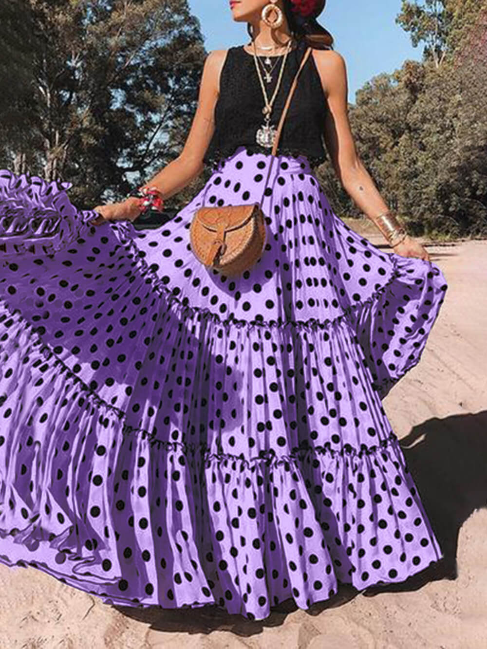 Casual Long Polka Dot Printed Halter Skirt - Fashionpara