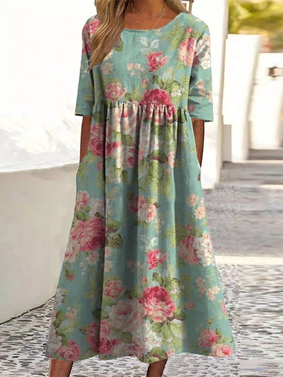 Floral Embroidered Round Neck Half Sleeve Linen Midi Dress 3