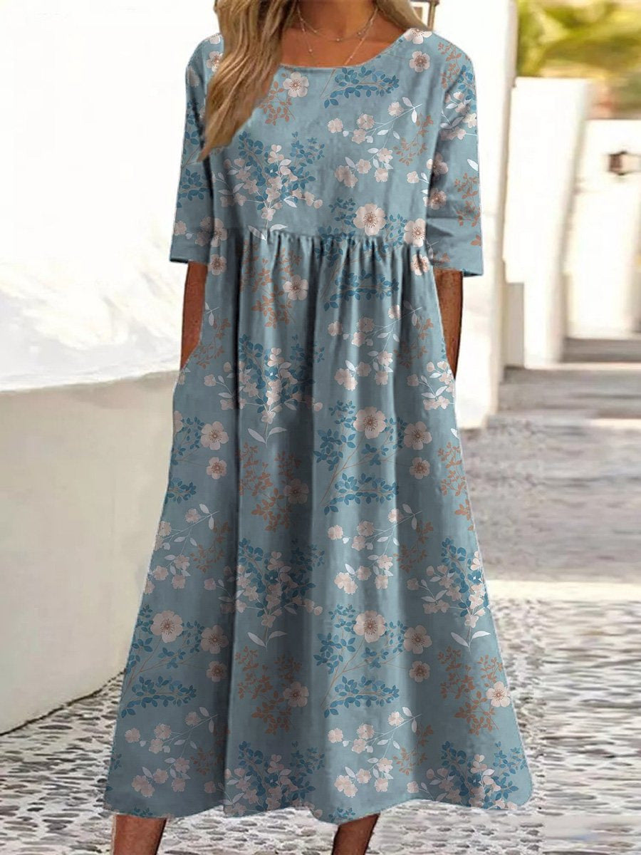 Floral Embroidered Round Neck Half Sleeve Linen Midi Dress 4