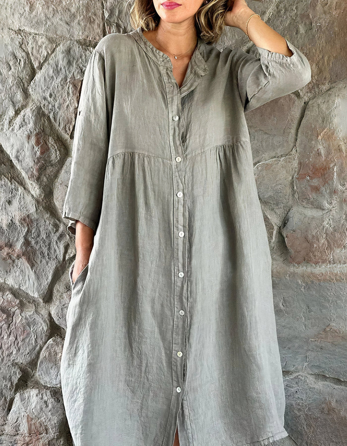 Mandarin Collar Button Front Roll Tab 3/4 Sleeve Midi Shirt Dress - View 3