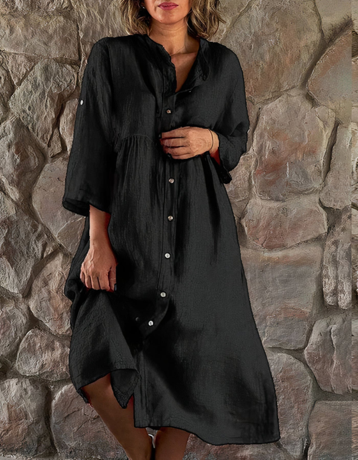 Mandarin Collar Button Front Roll Tab 3/4 Sleeve Midi Shirt Dress - View 4