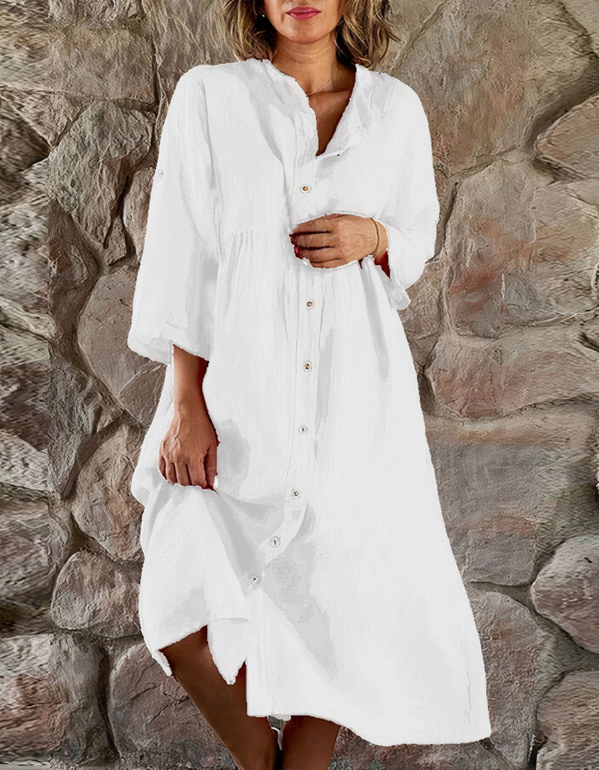 Mandarin Collar Button Front Roll Tab 3/4 Sleeve Midi Shirt Dress - View 6