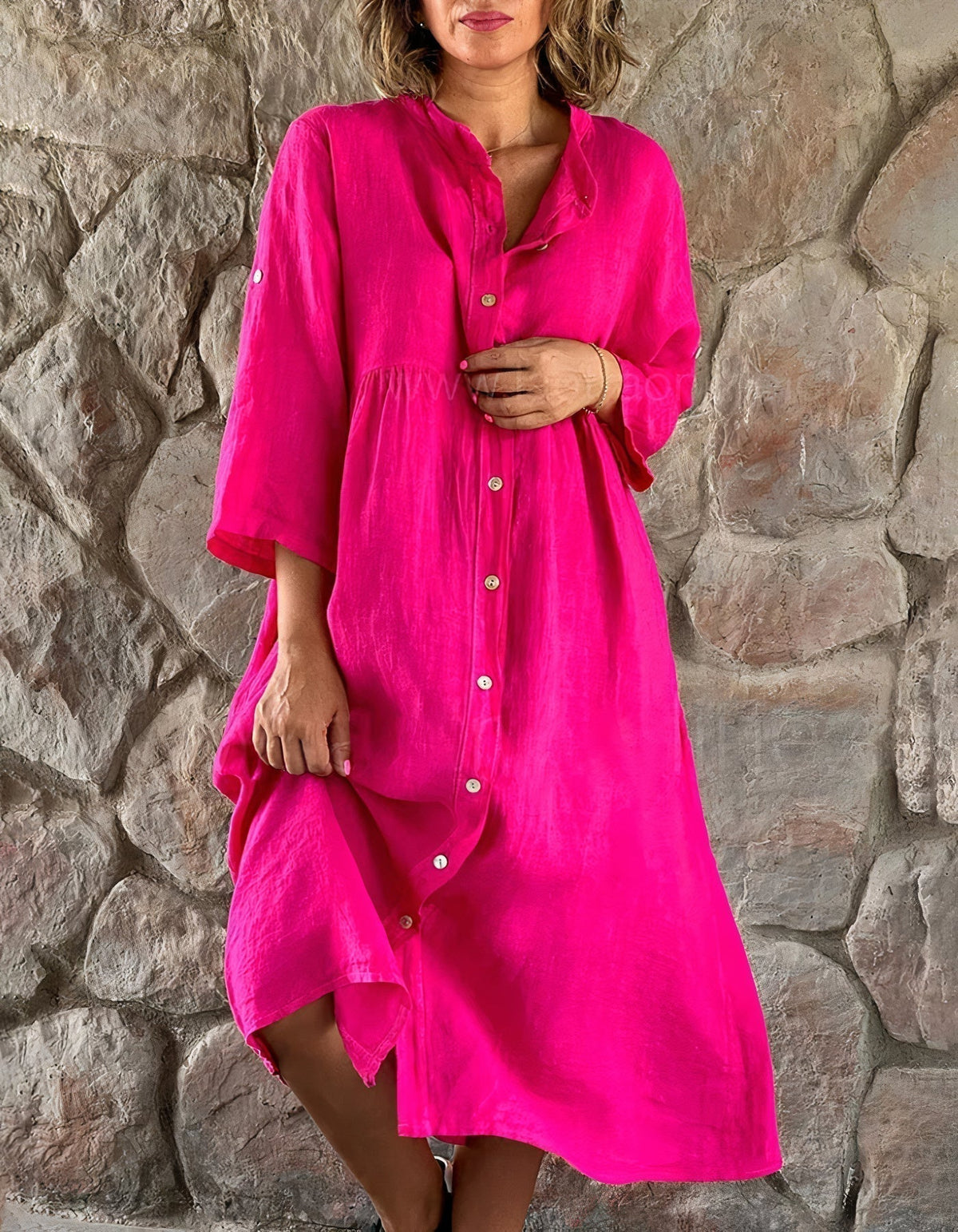 Mandarin Collar Button Front Roll Tab 3/4 Sleeve Midi Shirt Dress