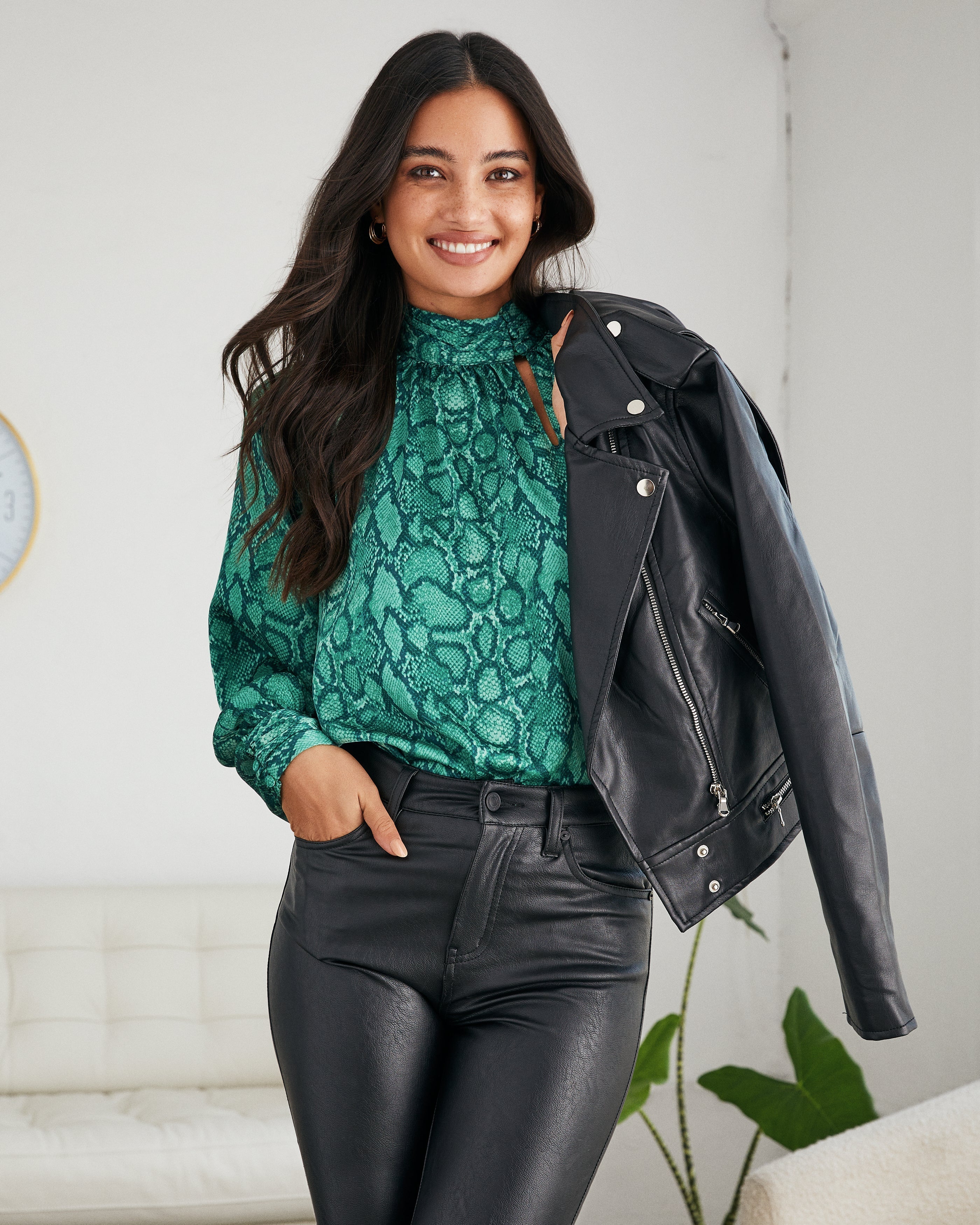 Slinky Satin Python Keyhole Blouse  Fashionpara