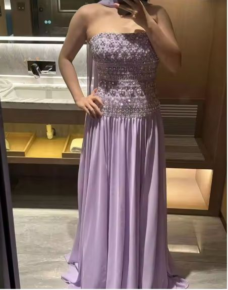 Classy Strapless Purple Chiffon Beaded Long Party Dress Evening Gown D1278