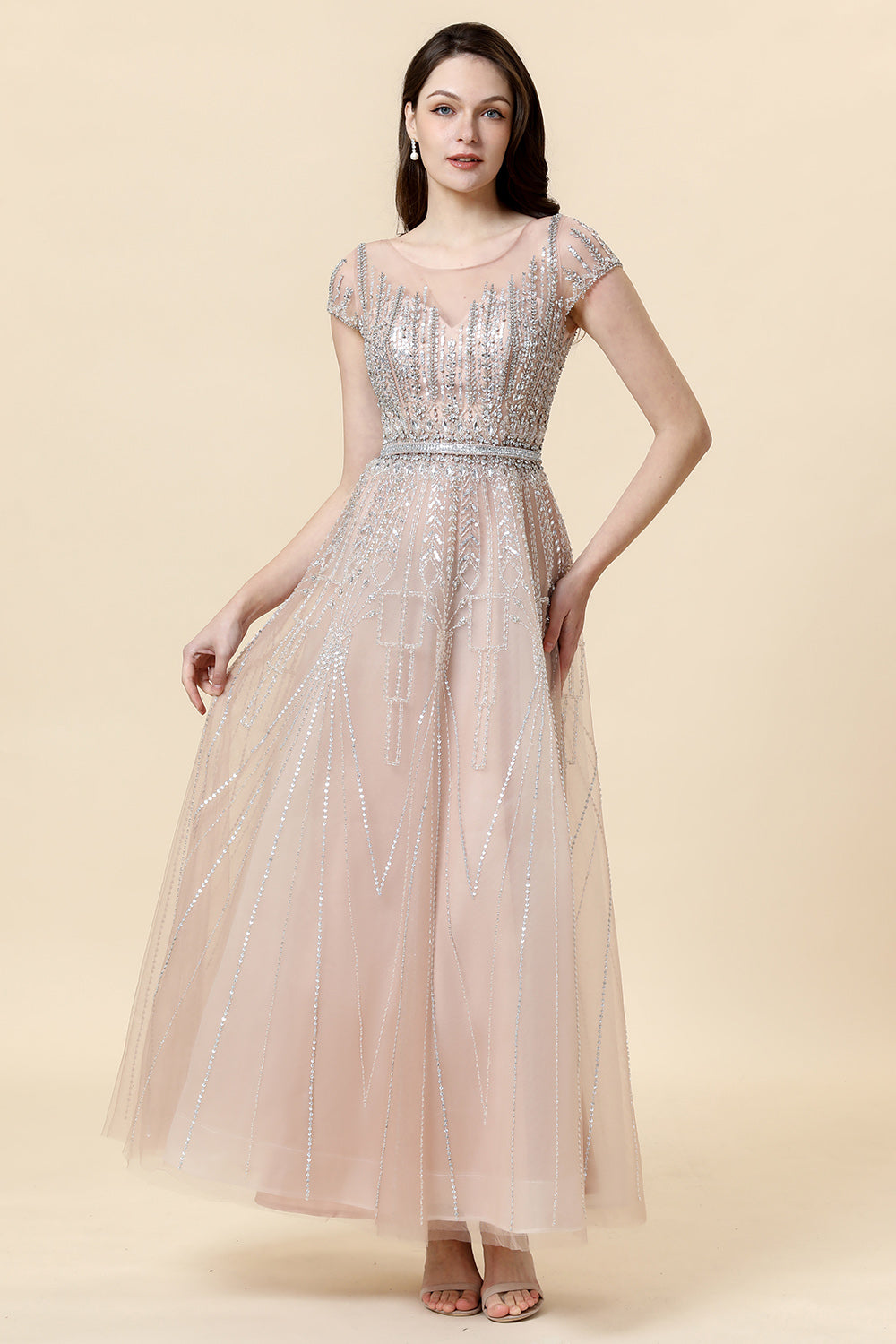 Sparkly Blush Beaded A-Line Tulle Formal Dress - Fashionpara