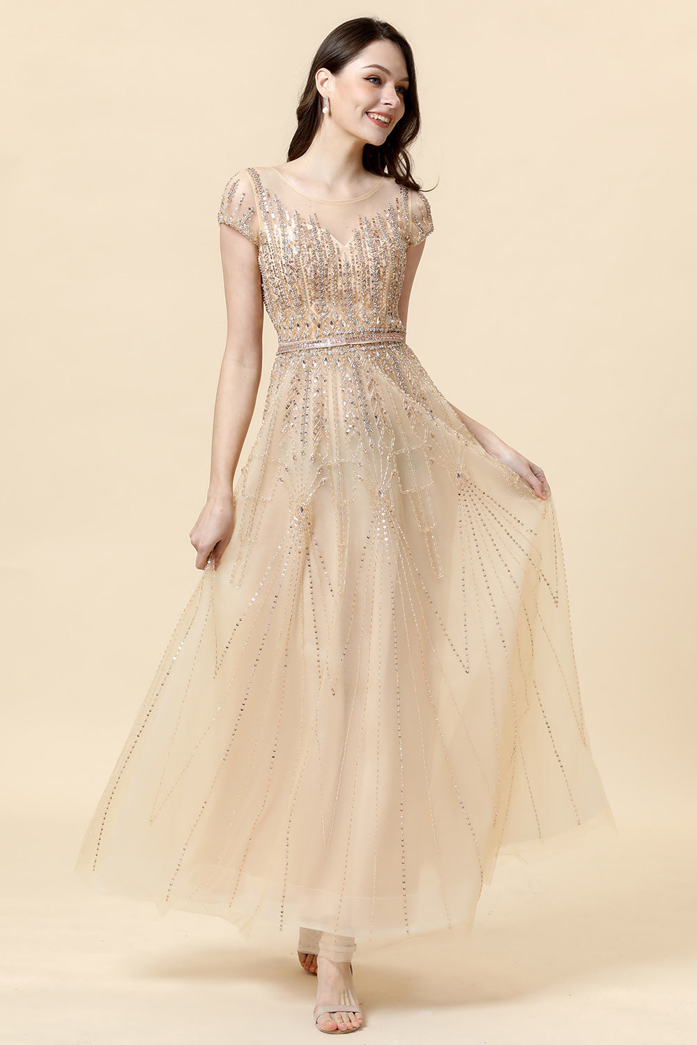 A Line Round Neck Golden Beaded Floor Length Formal Dress - Fashionpara